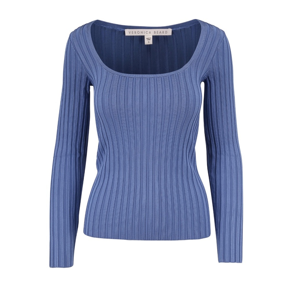 Veronica Beard Clara Blue Ribbed Scoop Neck Top